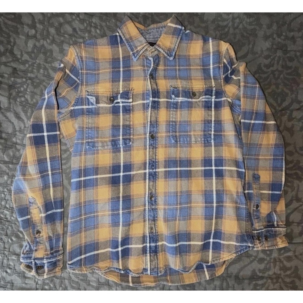 True Religion Shirt Mens S Blue Yellow Plaid Flannel Long Sleeve Button Up